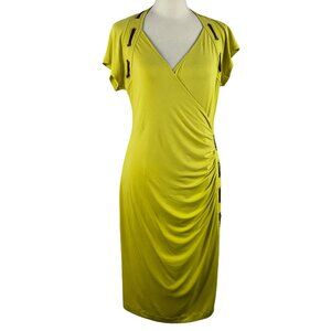 Carmen Marc Valvo Fitted & Ruched Yellow Dress with Faux Leather Details…